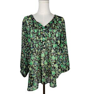 Rose + Olive Blouse XL Black Green Metallic Floral Sheer Pleated Boho